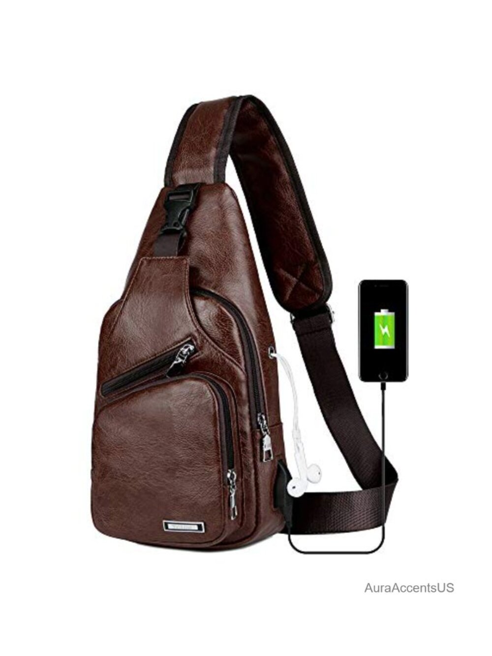 PU Leather Sling Bag Crossbody Chest Backpack USB Charging Port